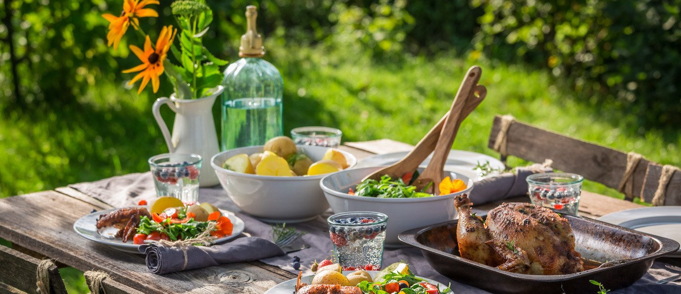 Tasty dinner with chicken and vegetables served in the garden