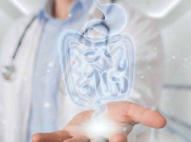 foto di dottore che tiene sul palmo della mano l'ologramma di un intenstino