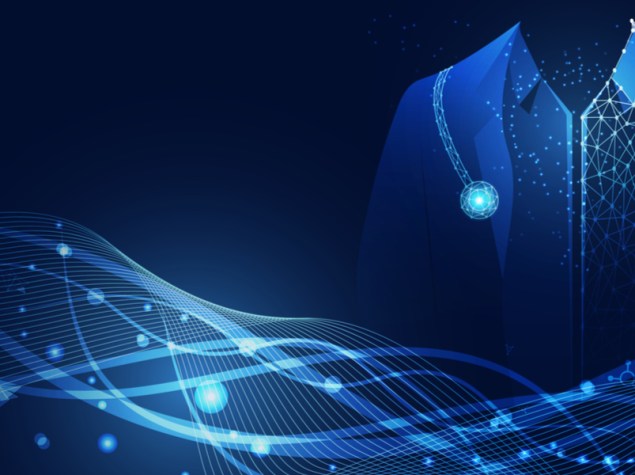 dottore con stetoscopio e filamento digitale di dna, su sfondo blu scuro