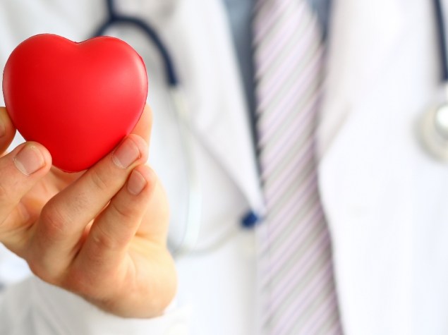 dottore che tiene in mano un cuore rosso di plastica