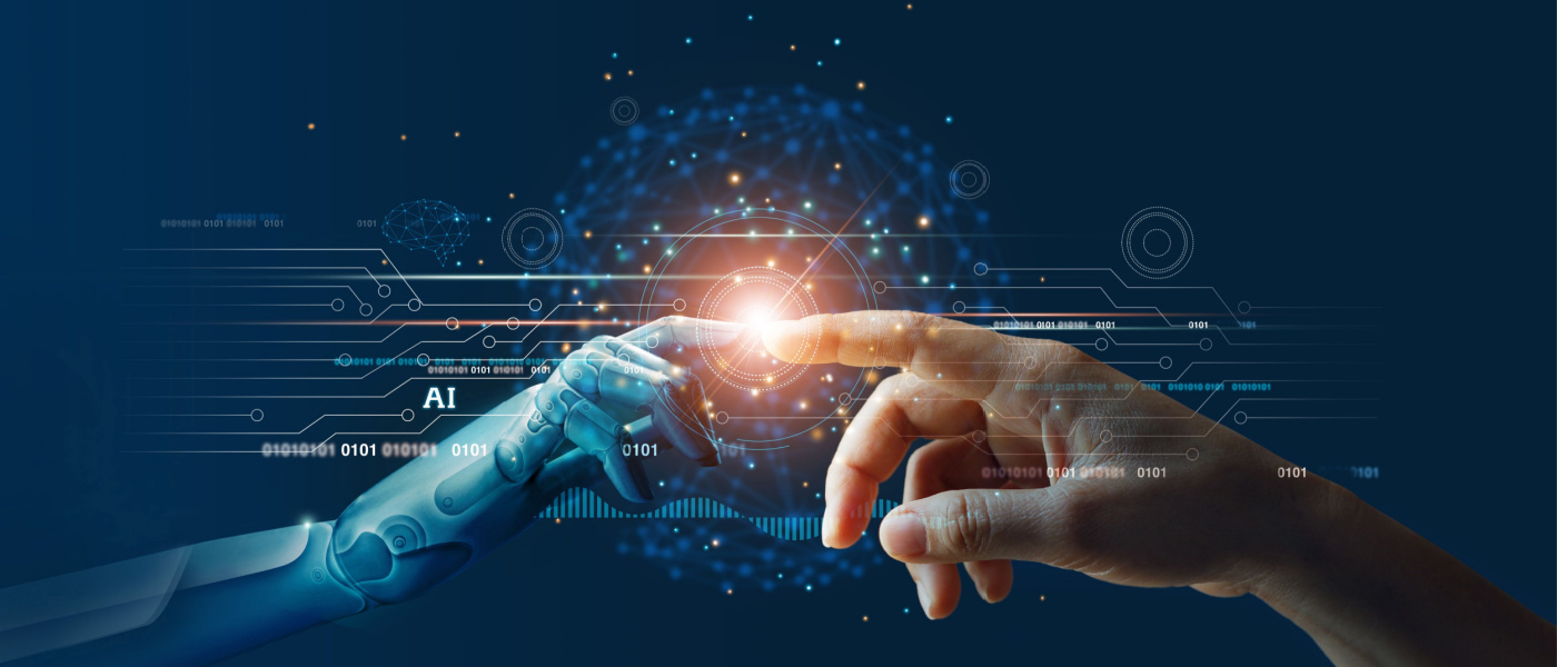 AI, apprendimento automatico, mani di robot e umani che toccano lo sfondo di connessione della rete di big data, scienza e tecnologia dell'intelligenza artificiale, innovazione e futurismo.