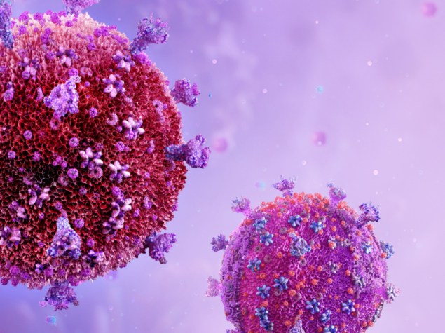 HIV virus cells. Scientifically accurate human immunodeficiency virus (HIV) close-up view. Acquired immunodeficiency syndrome AIDS 3D medical illustration. HIV viral particles with membrane, proteins