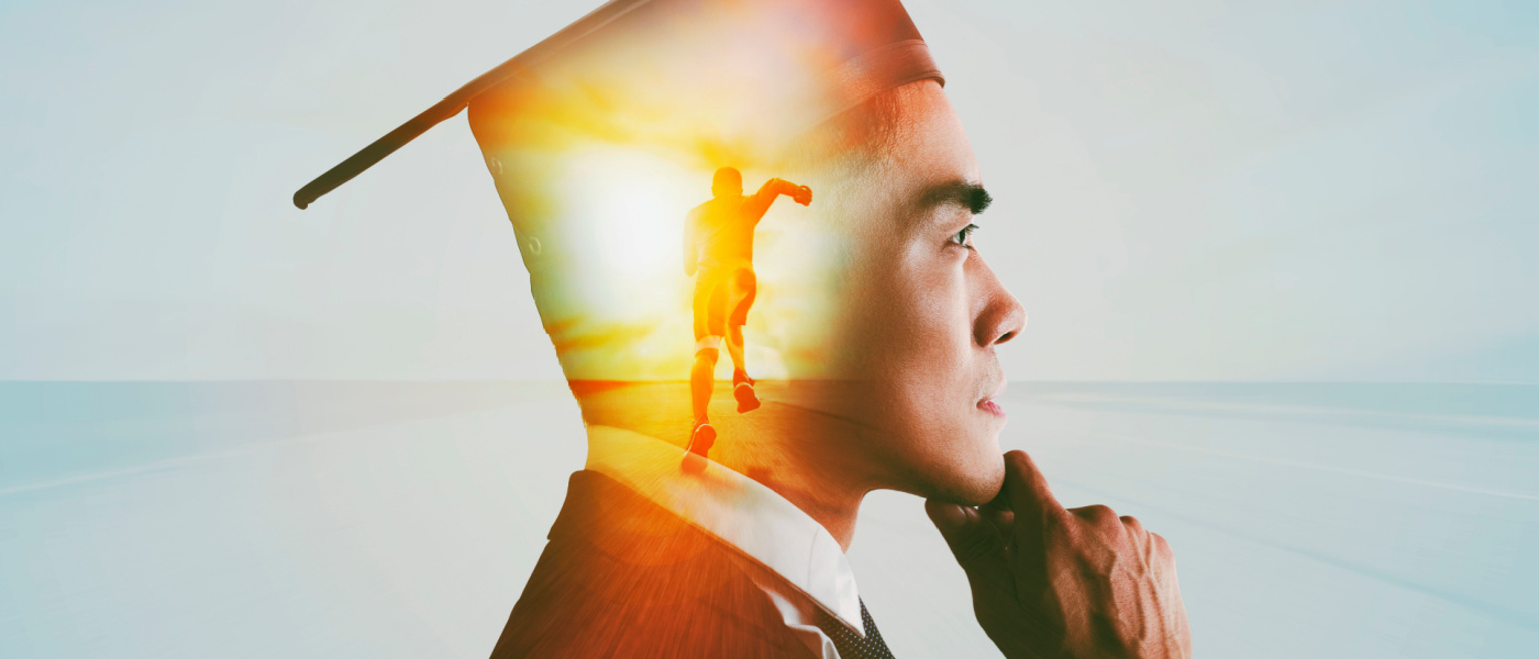 Double exposure of graduation and young man running forward concept
