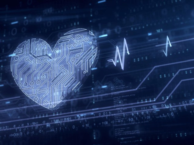 Simbolo del cuore cibernetico ologramma animazione 3d. Concetto moderno di amore, cyber dating, romantico, salute, scienza e cardiologia su sfondo digitale blu illustrazione 3d.
