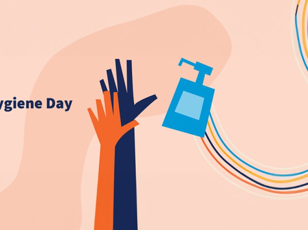 disegno di una mano che prende del disinfettante da un distributore, con a fianco scritta "world hand hygiene day"