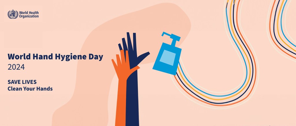 disegno di una mano che prende del disinfettante da un distributore, con a fianco scritta "world hand hygiene day"