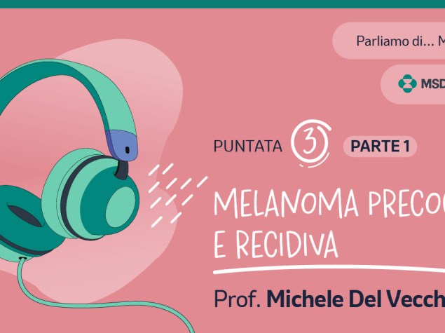 immagine a sfondo rosa con disegno di un paio di cuffie e la scritta "parliamo di melanoma Parte 3"
