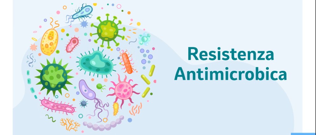 infografica rappresentante vari batteri con a fianco la scritta "Resistenza Antimicrobica"