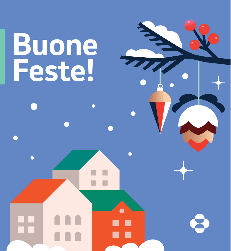 Card natalizia con case e palline di Natale con scritto "Buone Feste!"