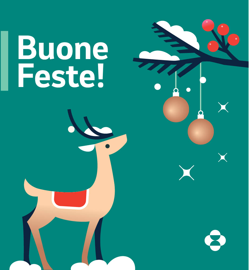 Card natalizia con renna con scritto "Buone Feste!"