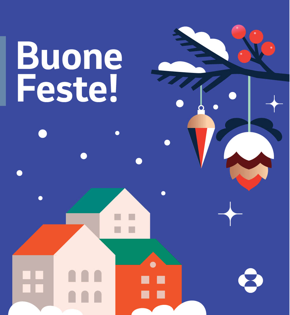Card natalizia con case e palline di Natale con scritto "Buone Feste!"