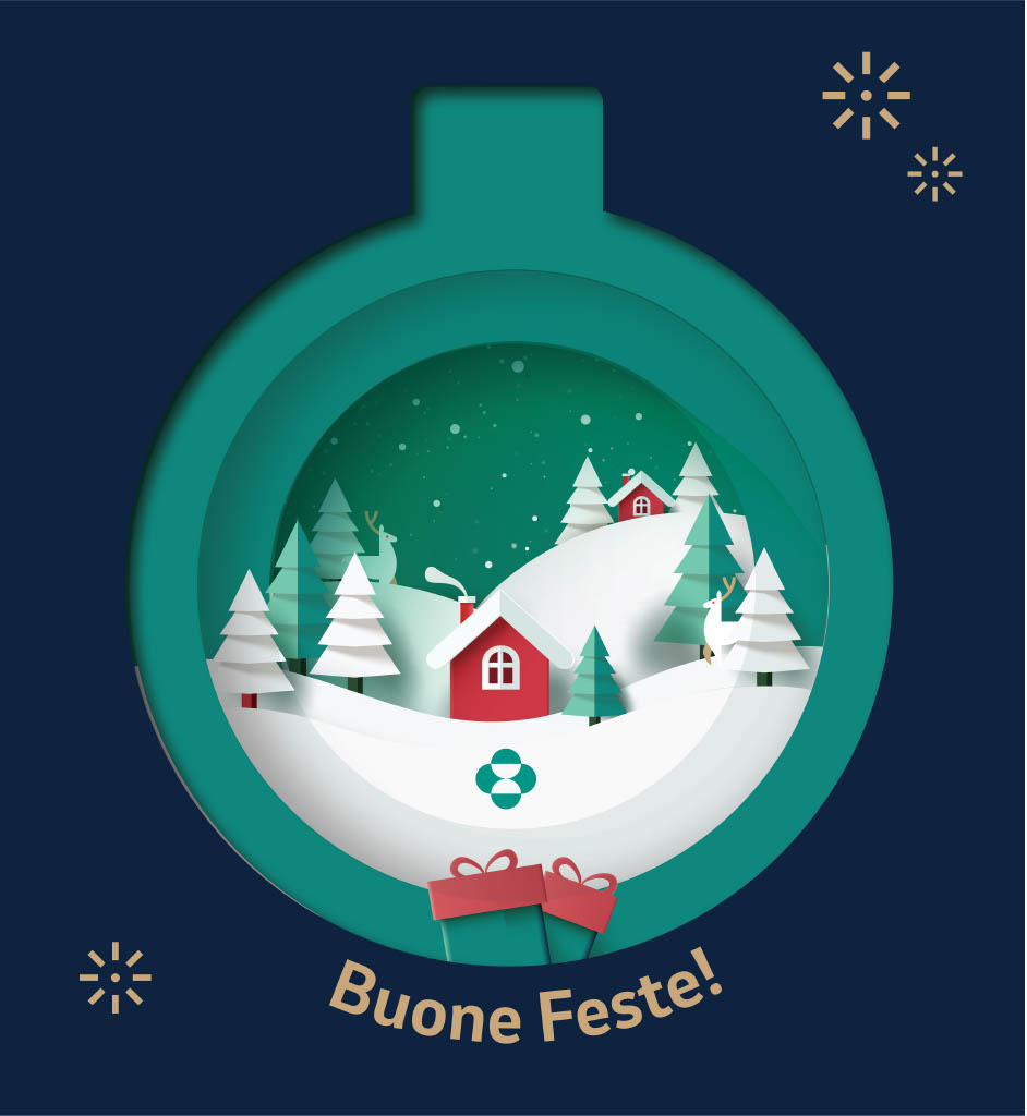 Pallina di Natale con al suo interno un paesaggio innevato e con scritto "Buone Feste!"