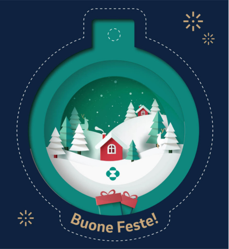 Pallina di Natale con al suo interno un paesaggio innevato e con scritto "Buone Feste!"