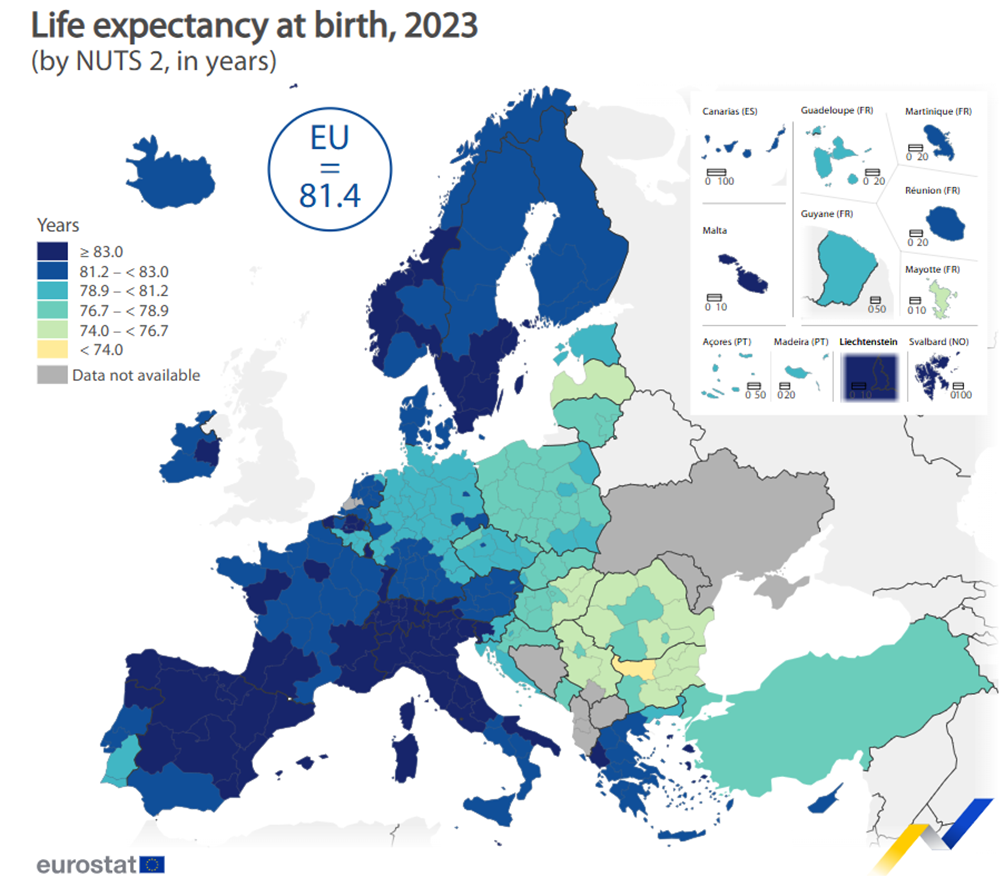 tabella con dati relativi all'aspettativa di vita per ogni stato dell'UE