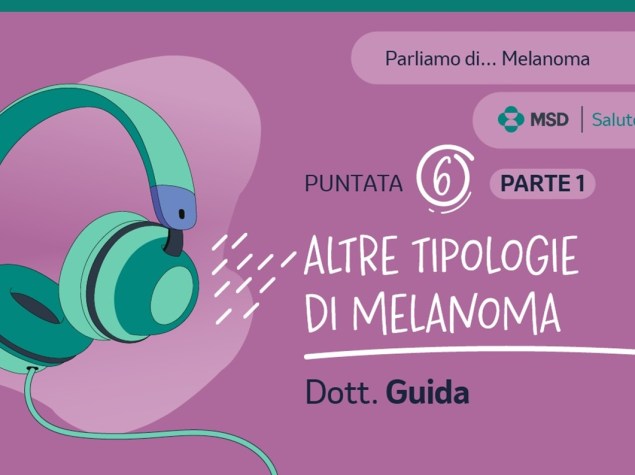 sfondo viola con disegno di un paio di cuffie e la scritta "parliamo di melanoma puntata 6"