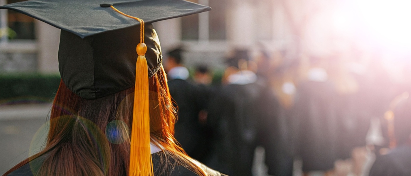 Giorno della laurea, ragaza con cappello nero da laureato inquadrata di spalle