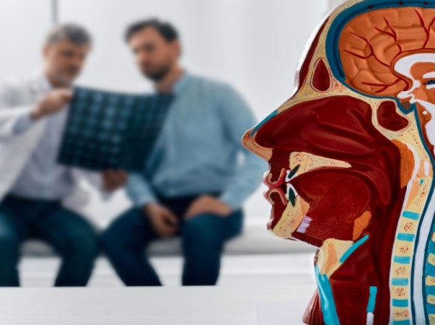 Modello anatomico di testa umana sul tavolo del medico, con un neurologo sullo sfondo che analizza i risultati della risonanza magnetica cerebrale di un paziente in clinica.