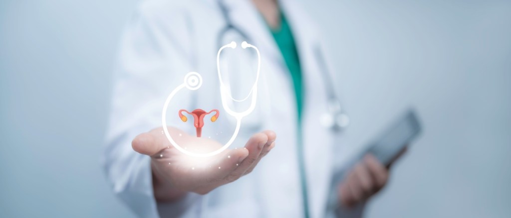 Medico titolare modello virtuale di utero e sistema riproduttivo che rappresenta concetti di salute femminile come PCOS ovarico e cancro cervicale