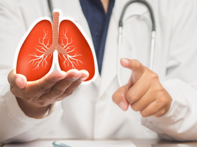 Un medico in camice tiene in mano un simbolo a forma di polmone mentre è seduto a un tavolo in ospedale