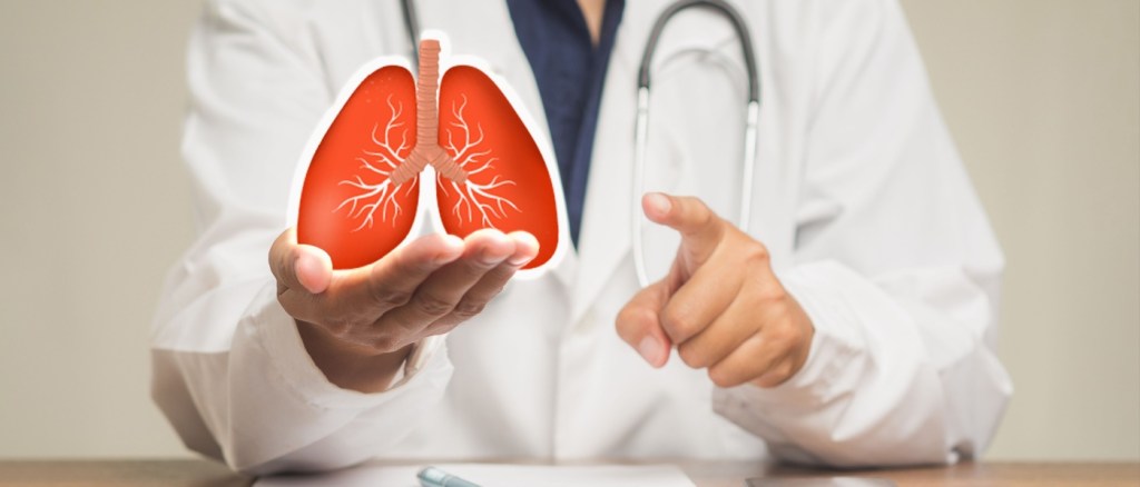 Un medico in camice tiene in mano un simbolo a forma di polmone mentre è seduto a un tavolo in ospedale