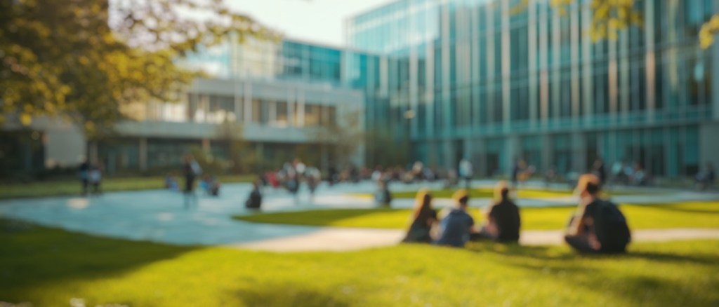 Sfondo sfocato di una scena vivace che mostra studenti che si divertono nel loro tempo libero in un campus universitario contemporaneo