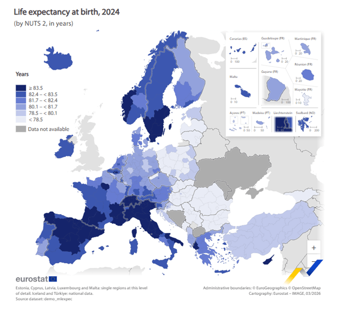 Mappa Ue, Regioni con aspettative di vita 