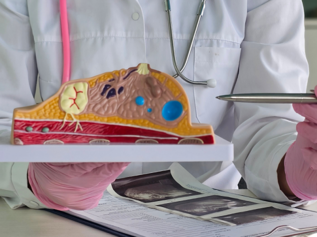 un dottore mostra un modello di seno con tumore