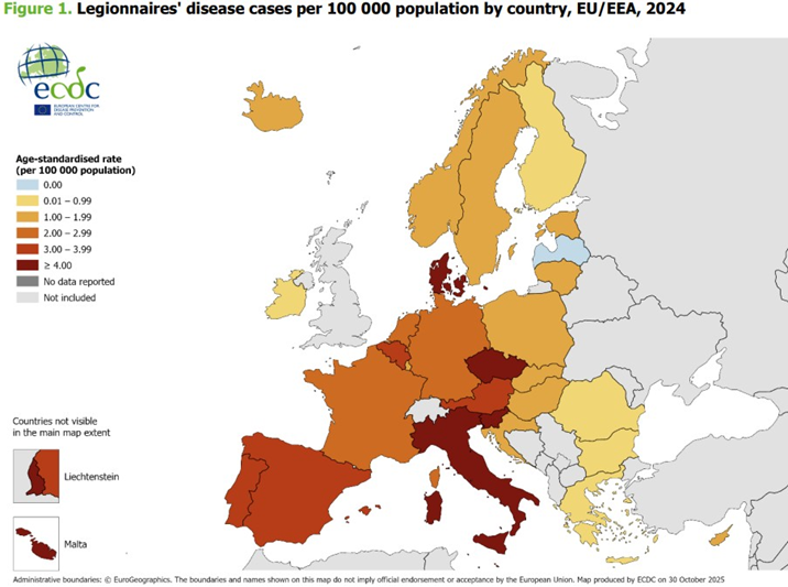 mappa dell'europa con regioni colpite dalla legionella