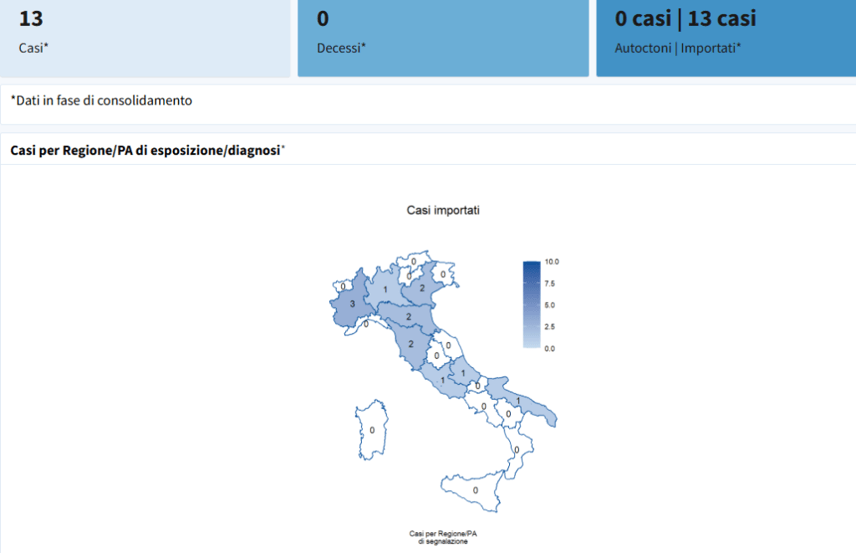 Cartina dell'Italia con le regioni con il numero più alto di casi di Chikungunya