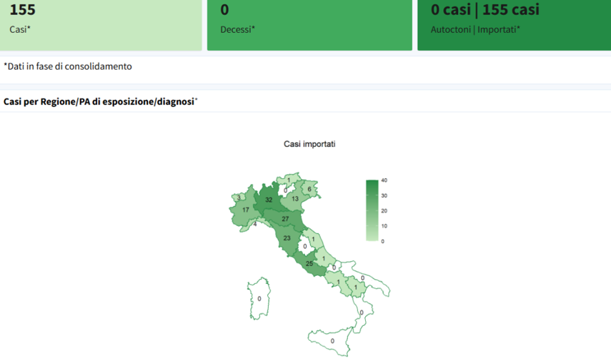 Cartina dell'Italia con le regioni con il numero più alto di casi di Dengue