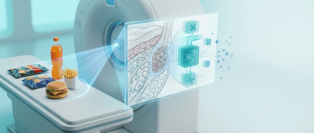 alimenti ultra-processati comuni disposti su un lato, che vengono analizzati o scansionati attraverso una lente scientifica