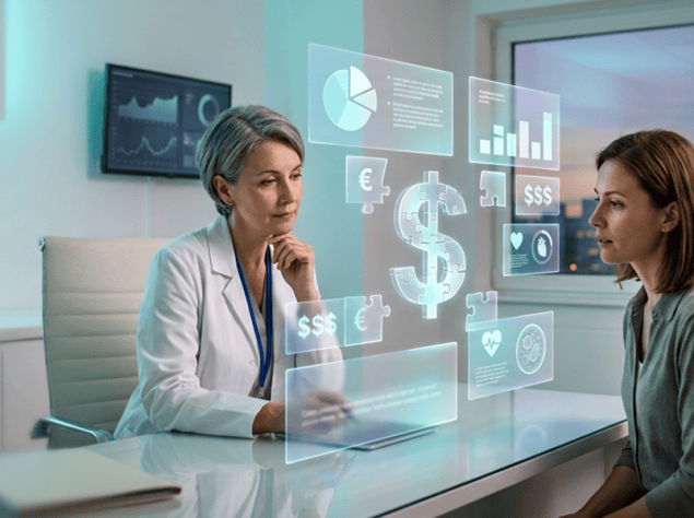 medico esperto e una paziente seduti di fronte a un'area di visualizzazione dati complessa