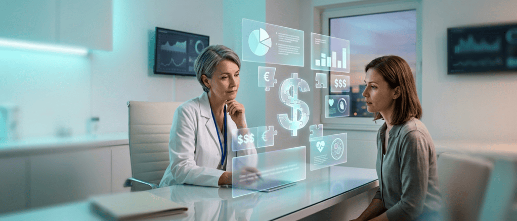 medico esperto e una paziente seduti di fronte a un'area di visualizzazione dati complessa