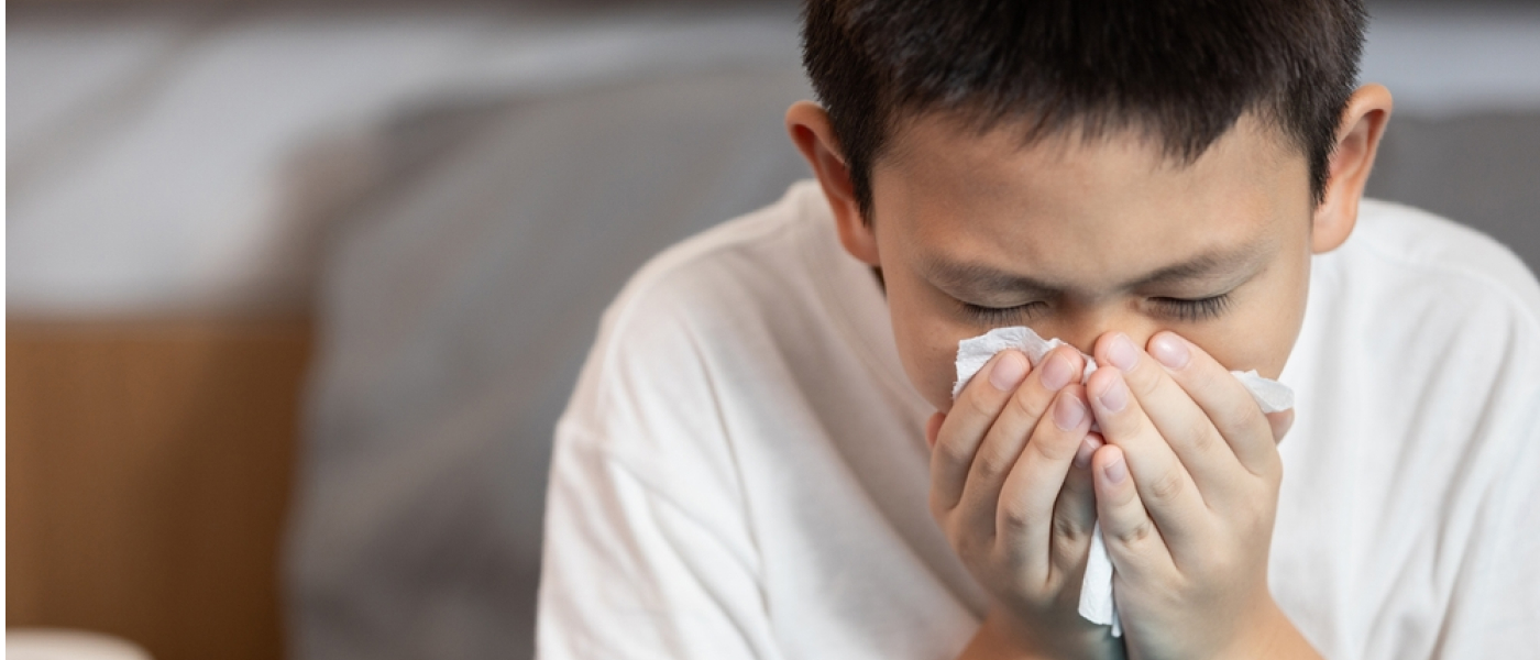 Sick child boy having allergies,hay fever,runny nose,sneezing,nasal congestion,blow the nose with tissue paper,inflammation of a nasal sinus,allergic rhinitis,seasonal allergy or dust,air pollution