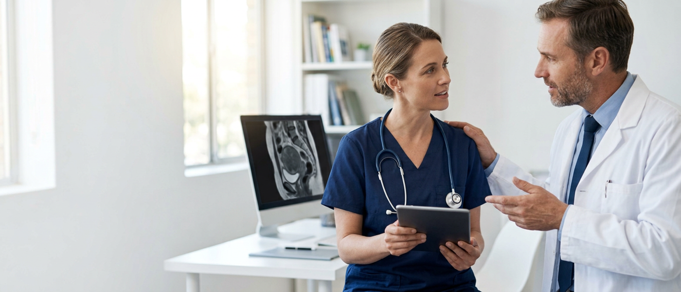 un ginecologo e un patologo esaminano e confrontano i referti diagnostici dei biomarcatori