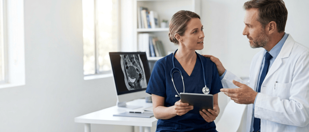 un ginecologo e un patologo esaminano e confrontano i referti diagnostici dei biomarcatori