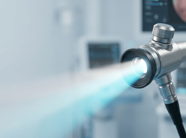 ottica di cistoscopio flessibile che emette un fascio di luce diagnostica
