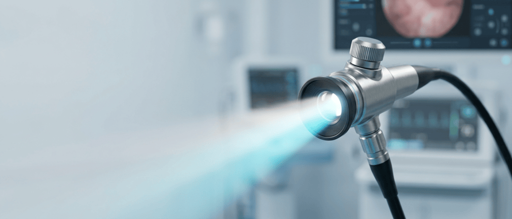 ottica di cistoscopio flessibile che emette un fascio di luce diagnostica