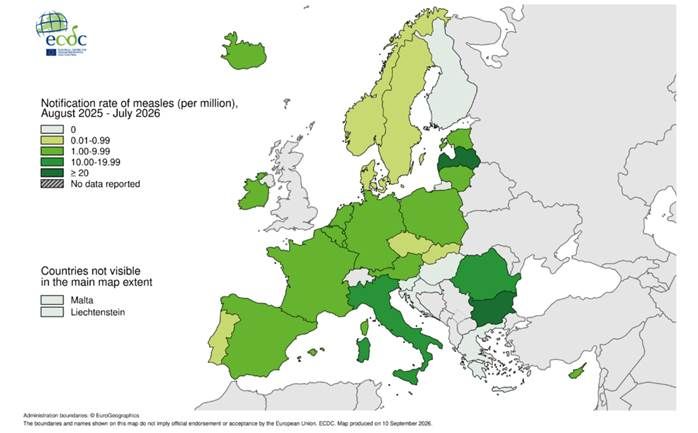 mappa con tasso di notifica del morbillo (per milione di abitanti) per paese UE/SEE, dal 1° agosto 2025 al 31 luglio 2026