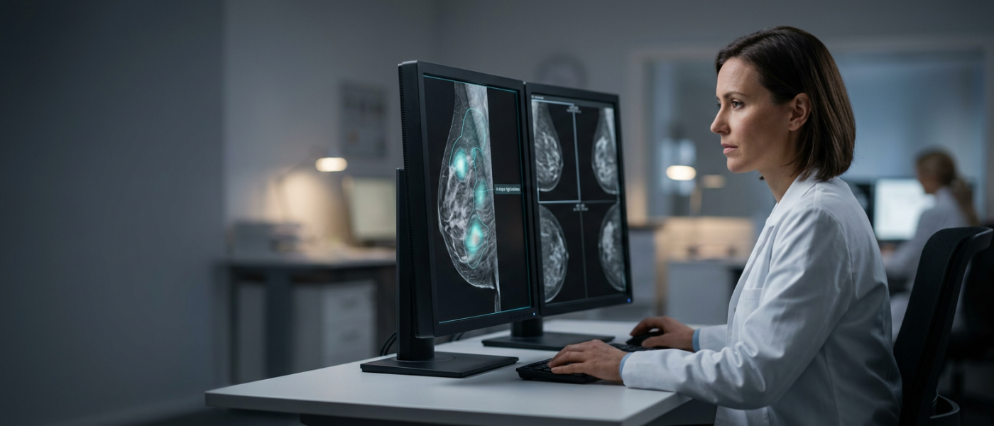 dottoressa che lavora al computer un'immagine di radiografia del seno femminile