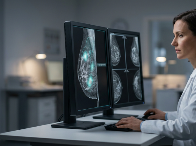 dottoressa che lavora al computer un'immagine di radiografia del seno femminile