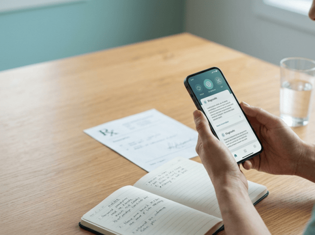 persona adulta intenta a consultare sul proprio smartphone un'interfaccia di salute/assistenza digitale