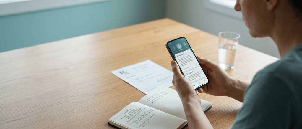 persona adulta intenta a consultare sul proprio smartphone un'interfaccia di salute/assistenza digitale