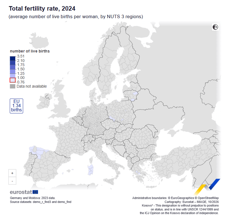 mappa della diffusione della fertilità in europa nel 2024