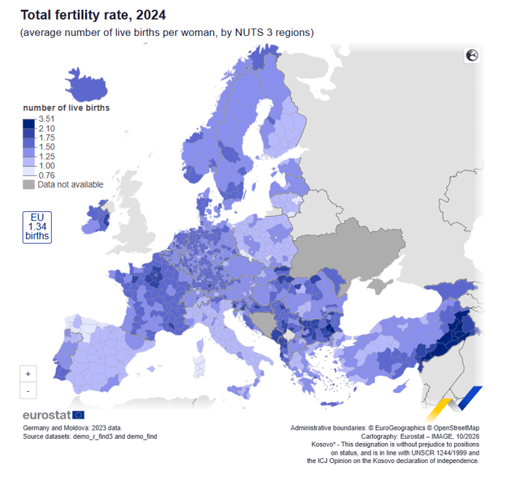 mappa della diffusione della fertilità in europa